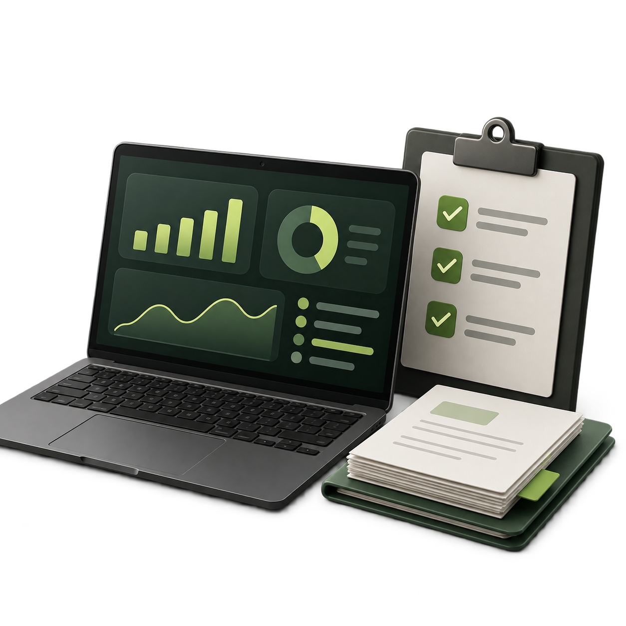 Ilustração de notebook com indicadores de gestão, checklist e documentos organizados